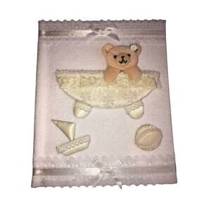 Baby Memory Book Photo Album Fabric Bear Ribbon Lace White Cream Applique 9"x7"